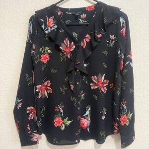 Ann Taylor Petite Floral Ruffle V-Neck Blouse Black Pink XSP Button Front Top